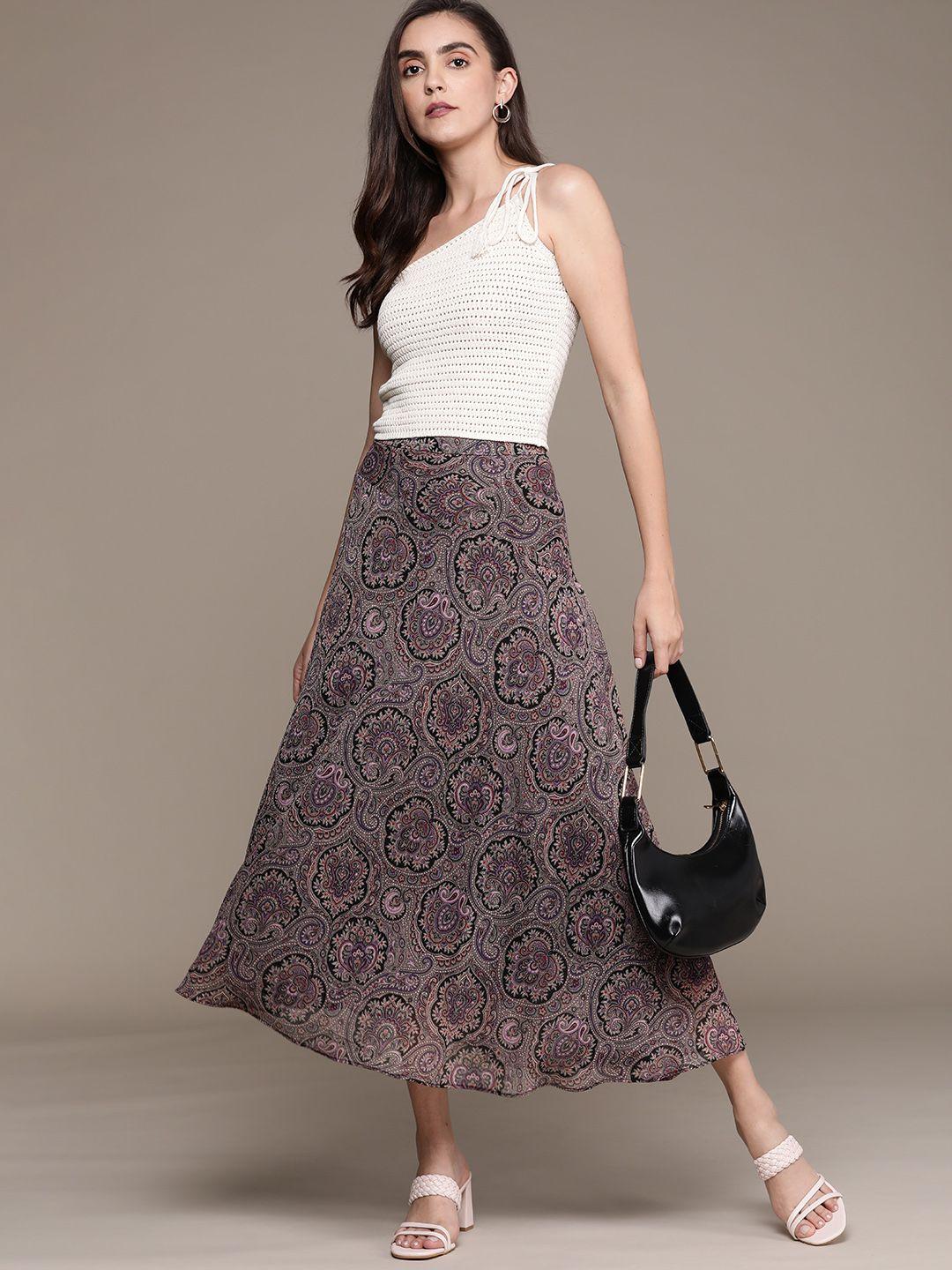 mango women black & purple ethnic print a-line skirt