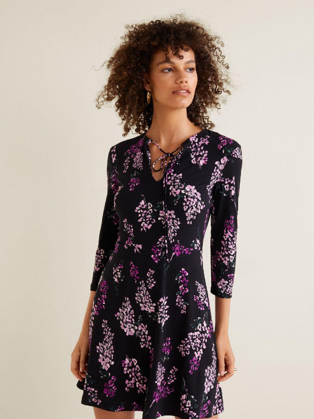 mango women black & purple printed a-line dress