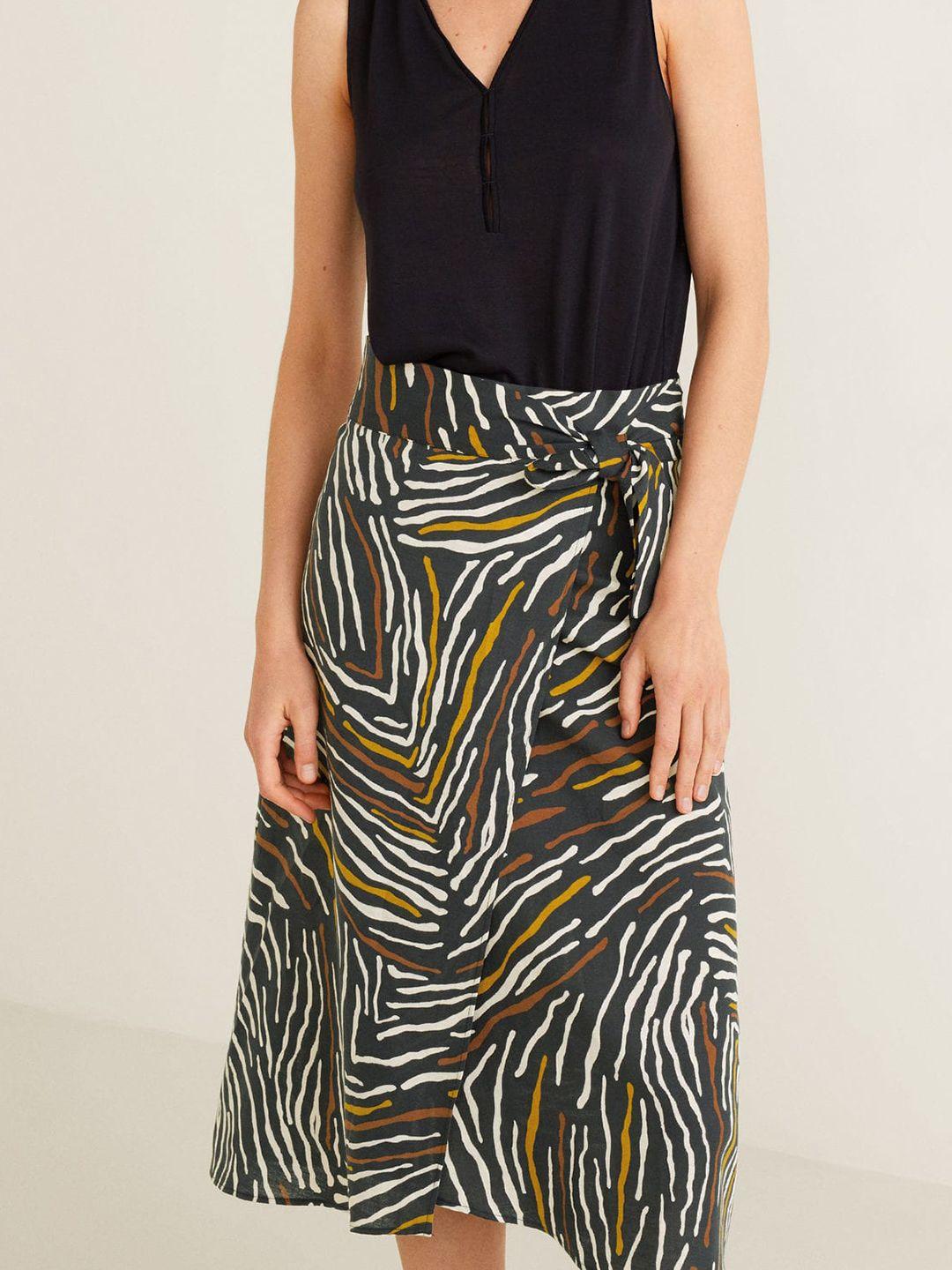 mango women black & white printed midi wrap skirt