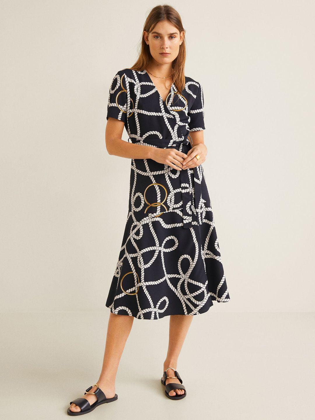 mango women black & white printed wrap dress