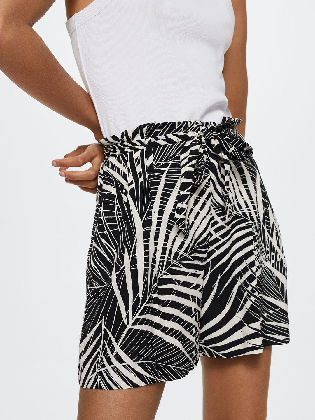 mango women black & white tropical printed belt shorts