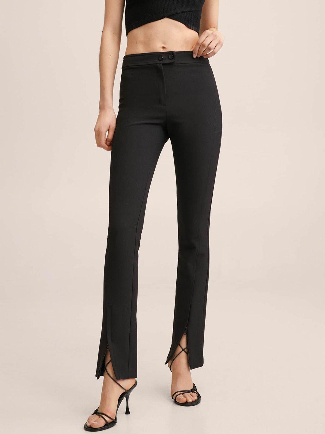 mango women black regular front-slit trousers