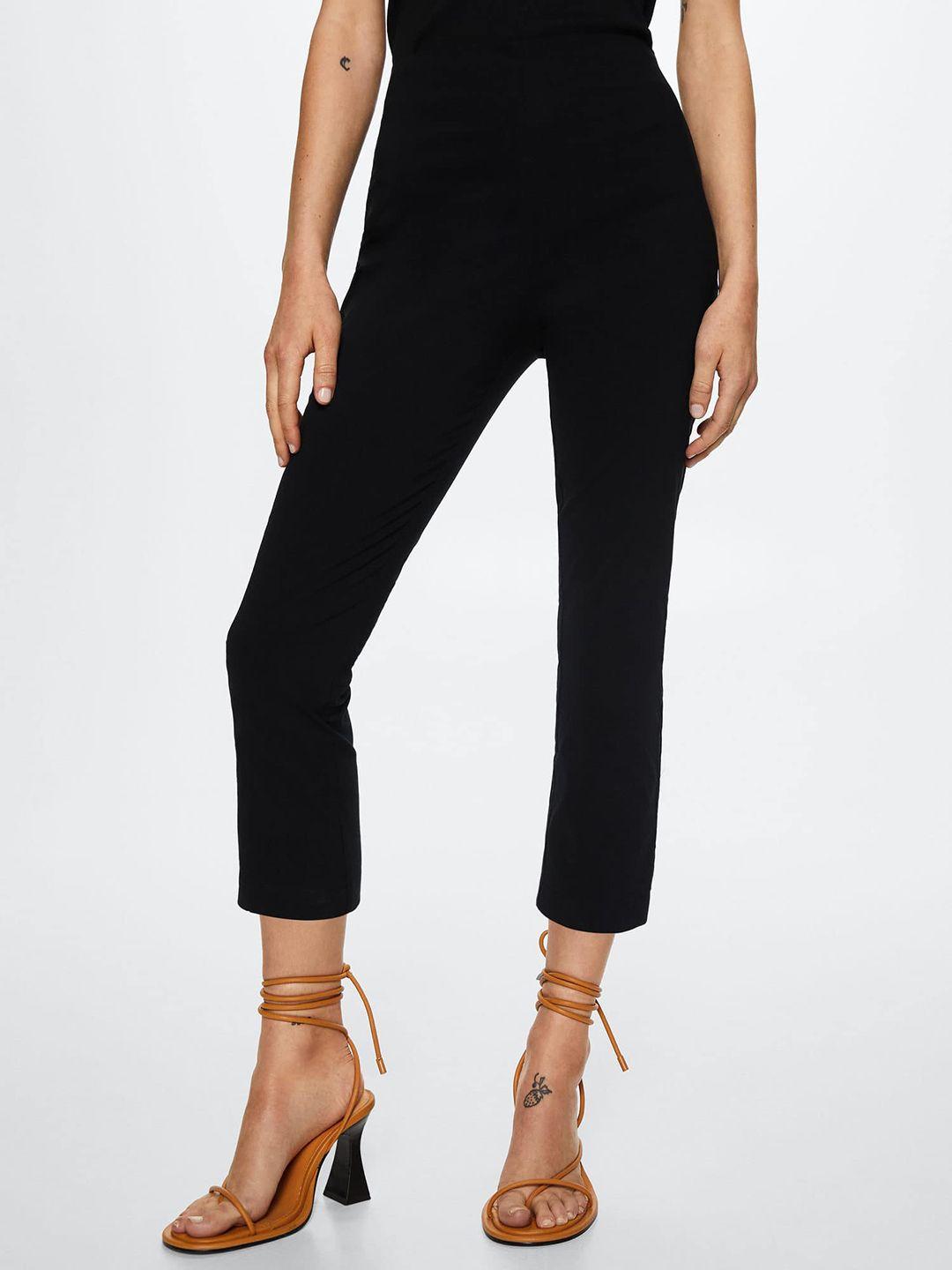 mango women black solid cropped trousers