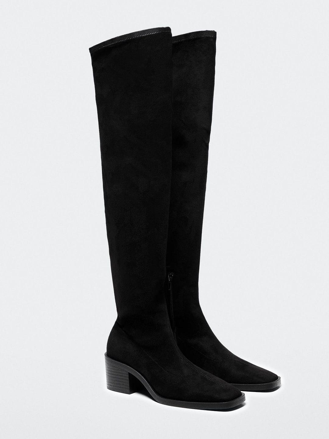 mango women black solid high-top heeled boots