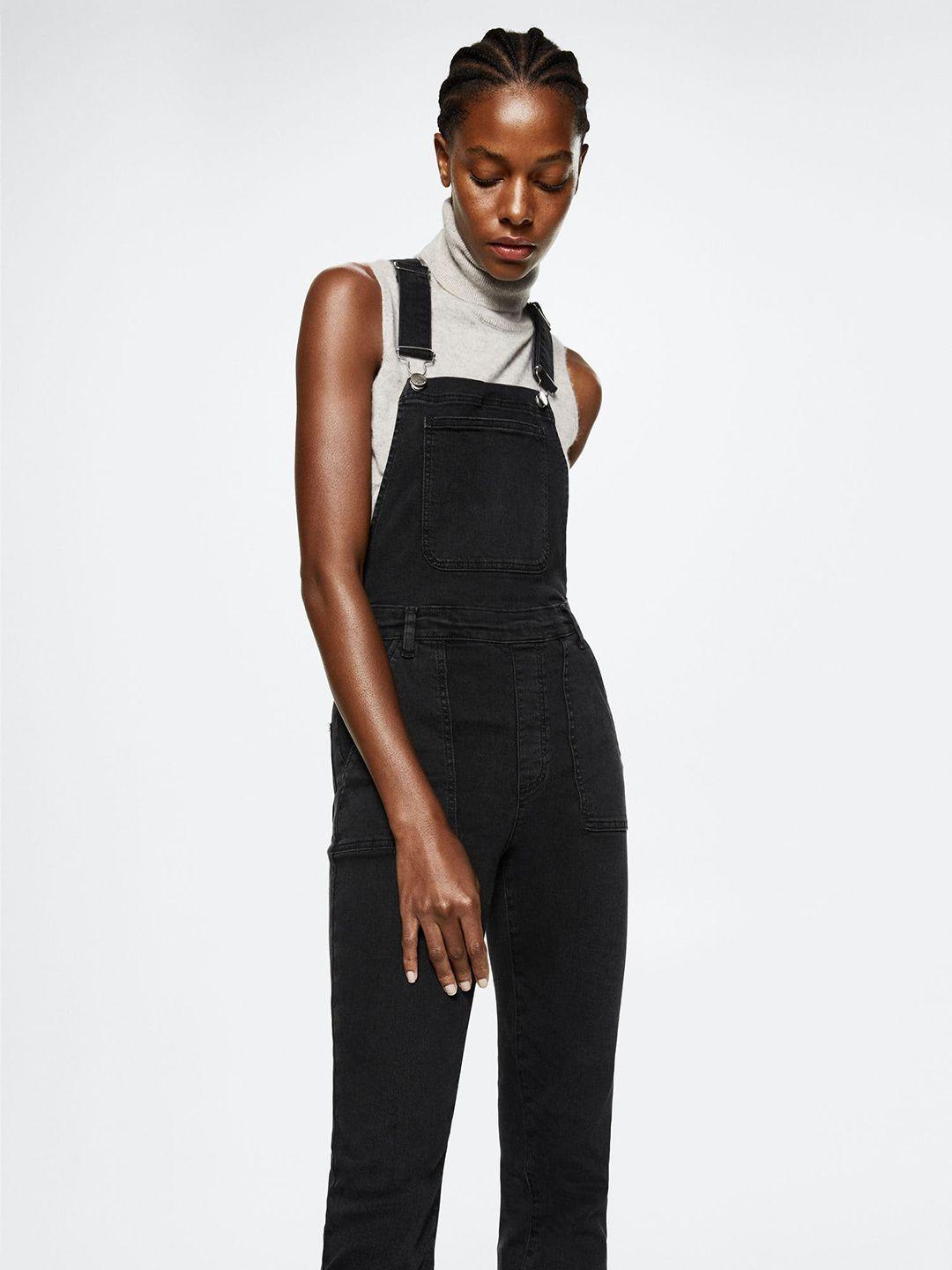 mango women black solid long denim dungarees