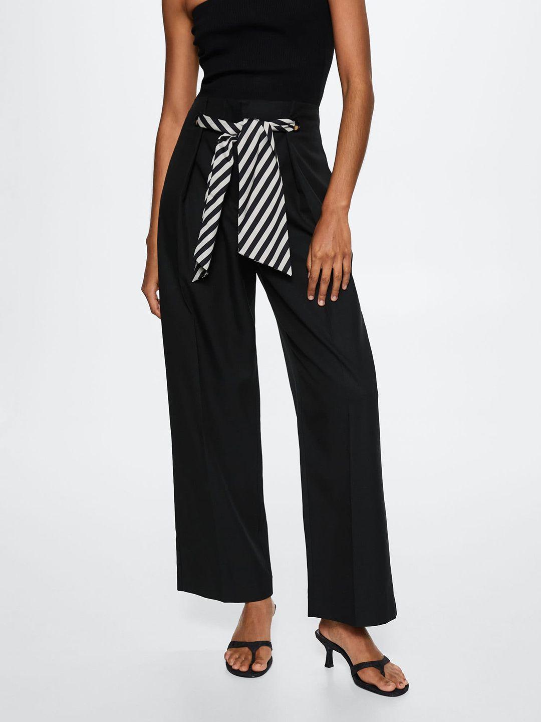 mango women black solid pleated trousers