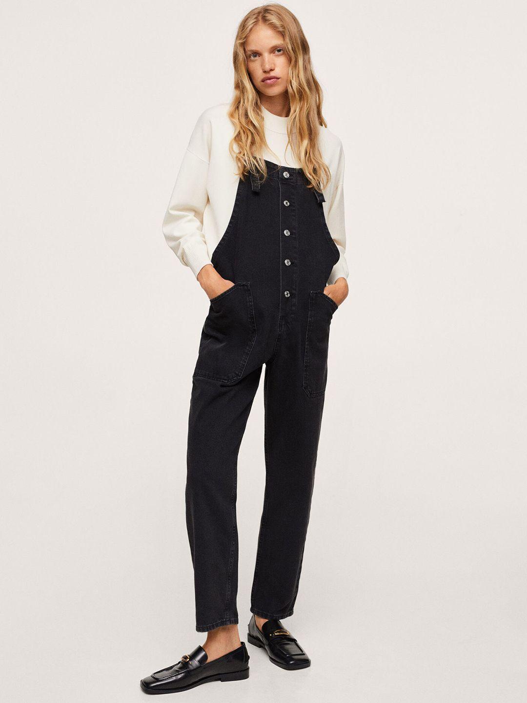 mango women black solid pure cotton denim dungaree