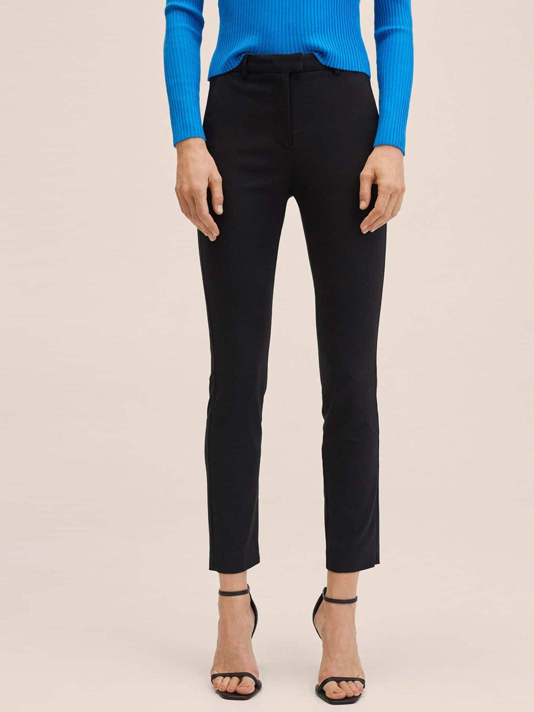 mango women black solid trousers