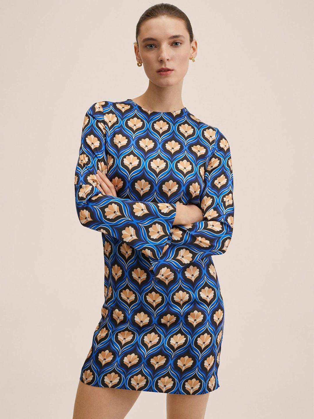 mango women blue & beige ethnic motifs printed t-shirt mini dress