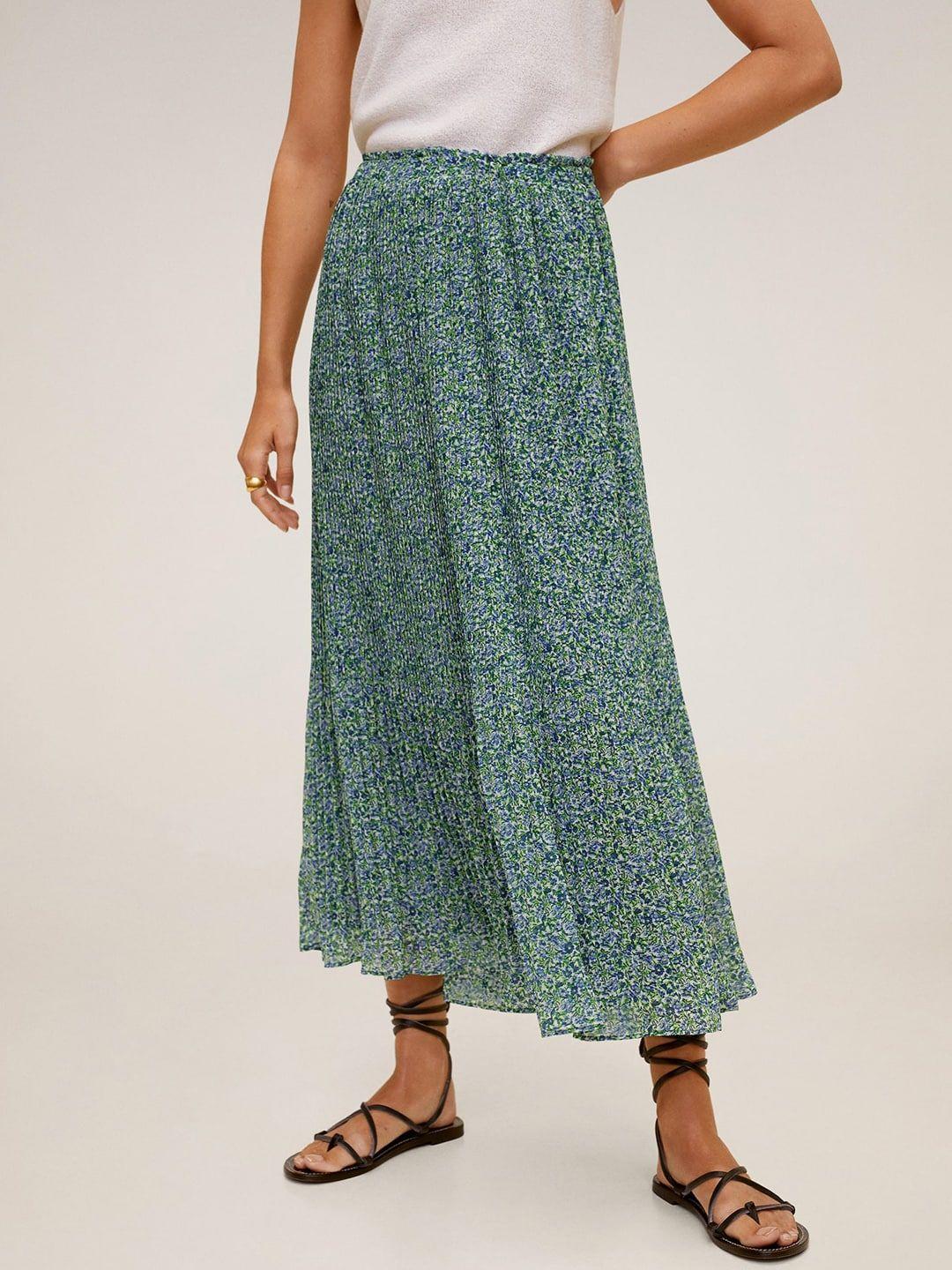 mango women blue & green accordian pleated floral print a-line sustainable skirt