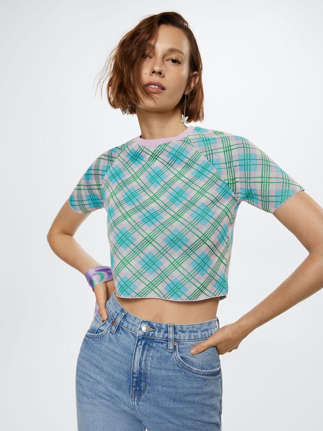 mango women blue & green checked crop top