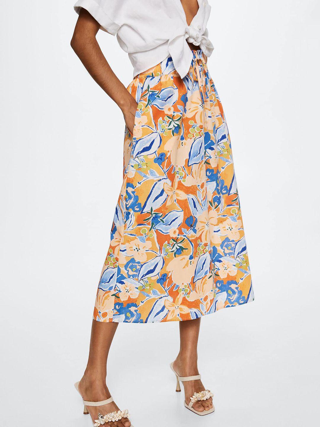 mango women blue & orange pure cotton abstract printed a-line midi skirt