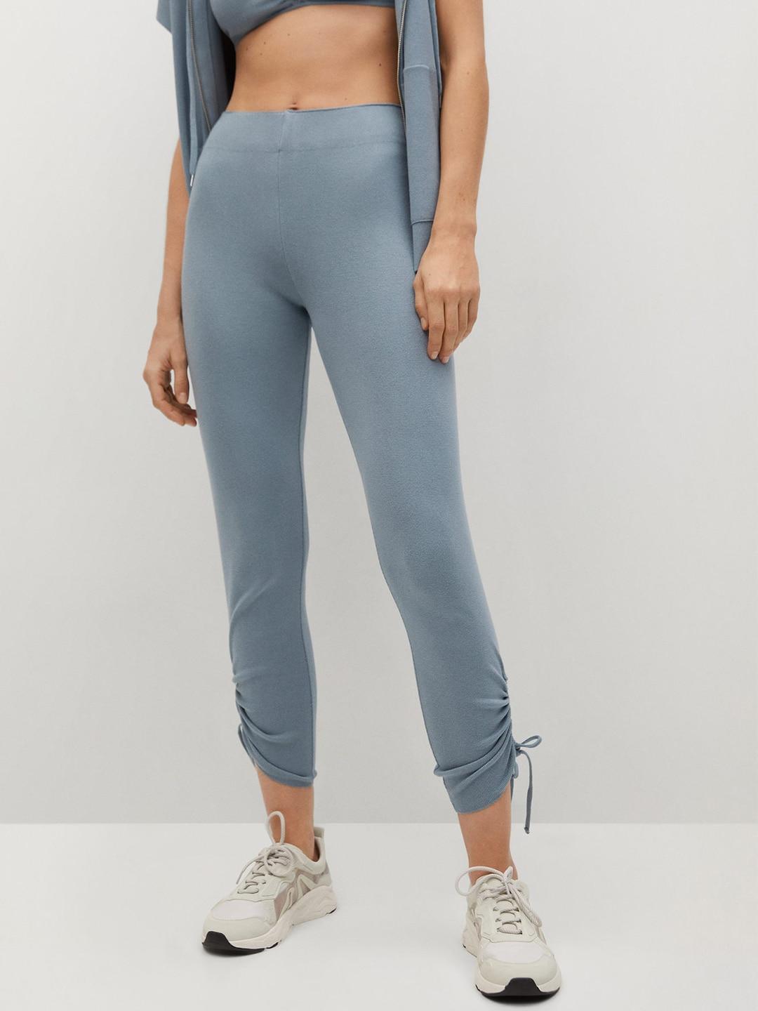 mango women blue high-rise ruched detail solid treggings