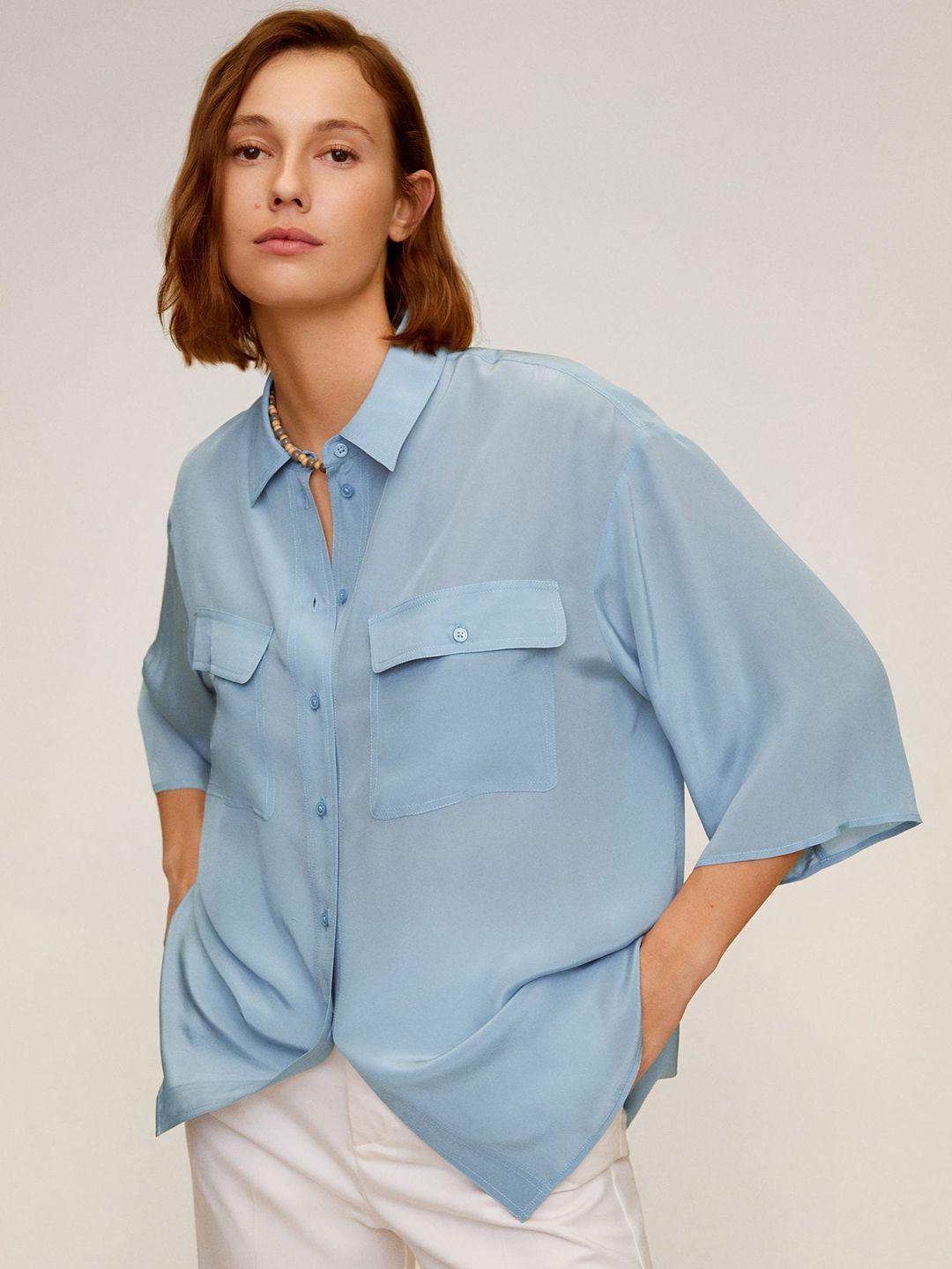 mango women blue regular fit solid casual shirt