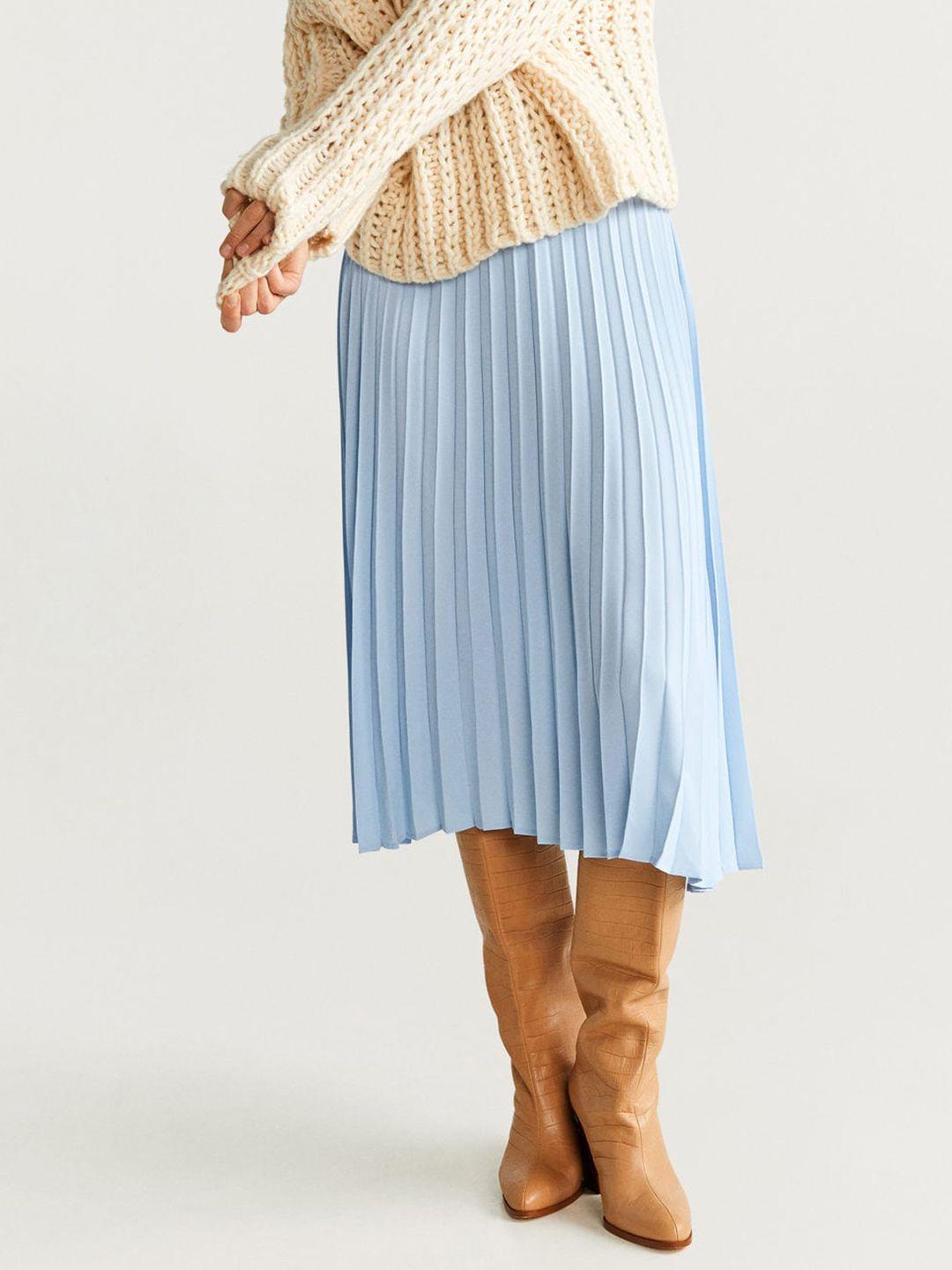 mango women blue solid accordion pleat flared skirt