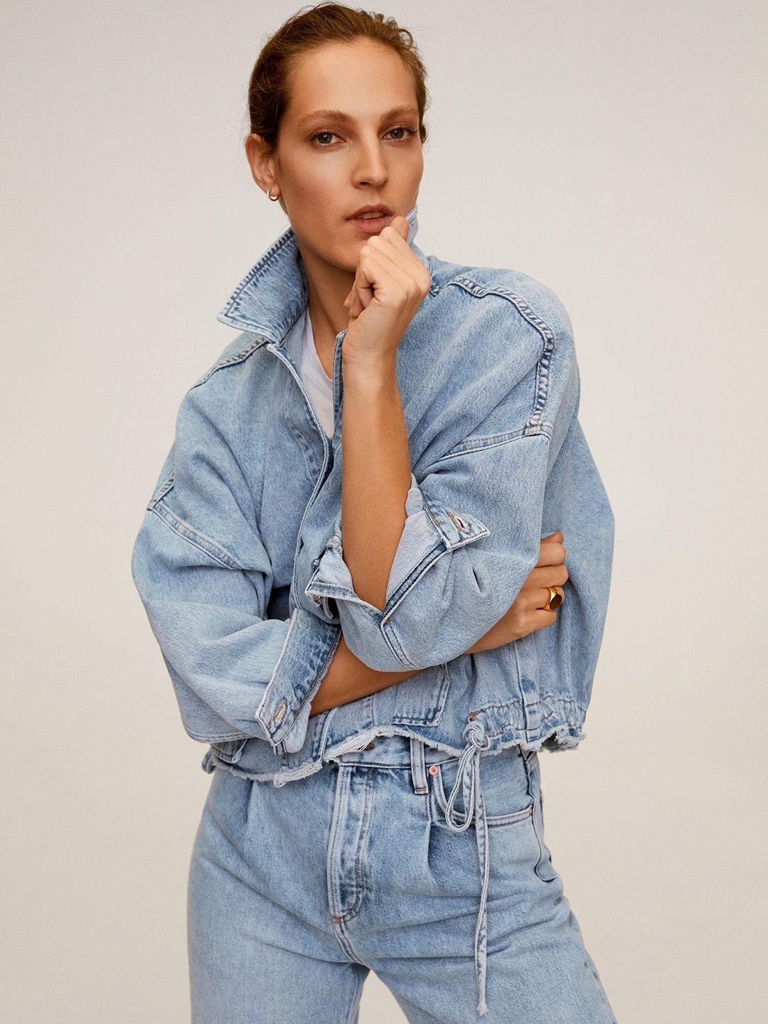 mango women blue solid denim sustainable jacket