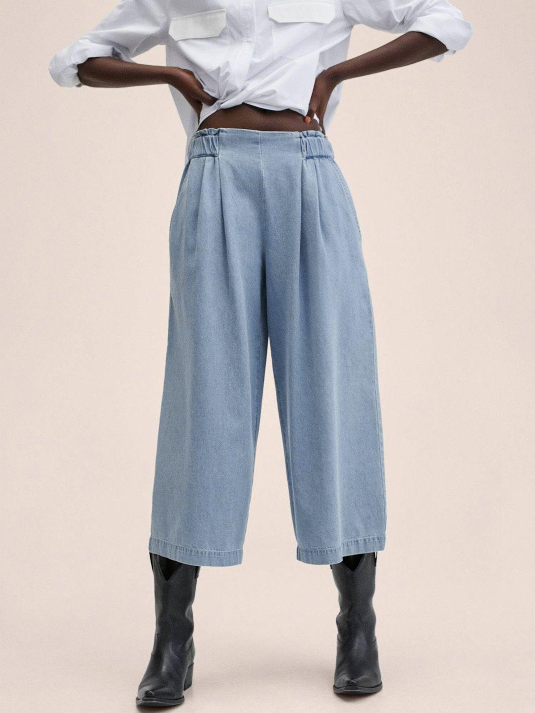 mango women blue solid pure cotton pleated culottes trousers