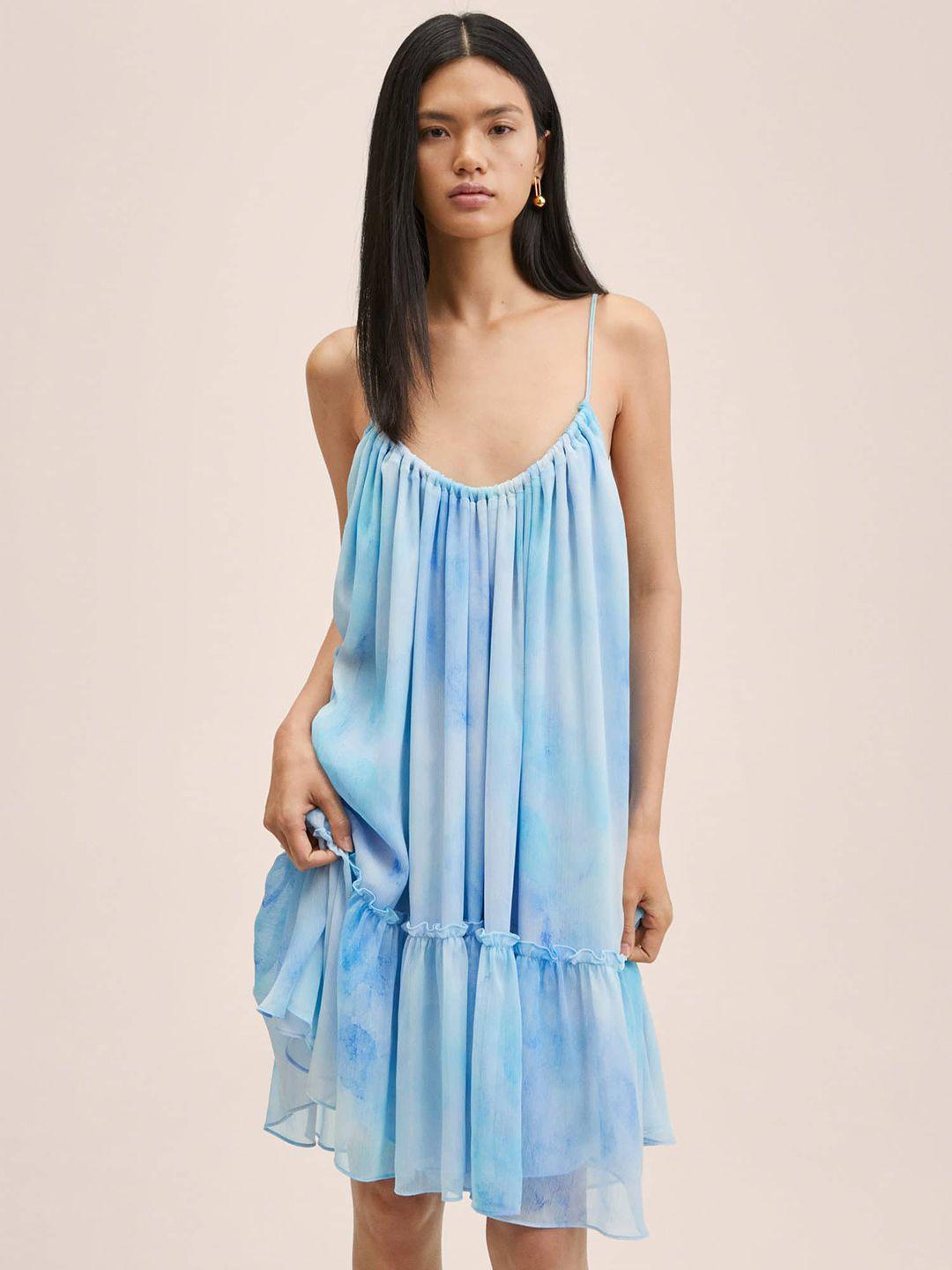 mango women blue tie and dye shoulder straps flounce hem a-line dress