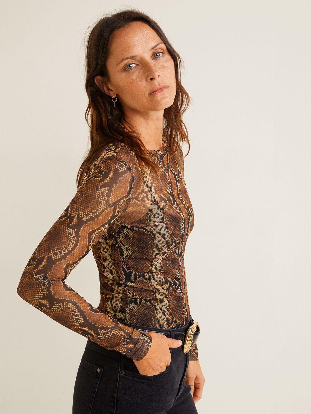 mango women brown & black printed fitted top