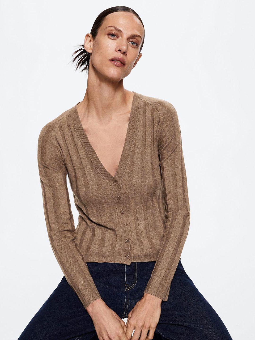 mango women brown ribbed v-neck sustainable cardigan