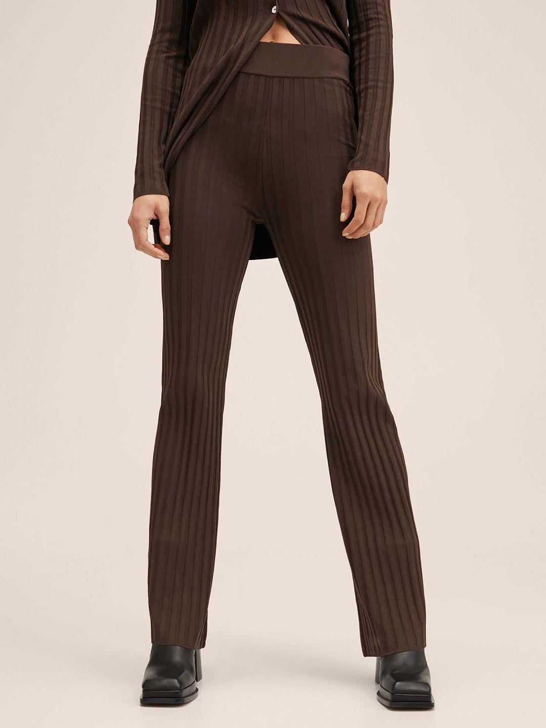 mango women brown self striped trousers