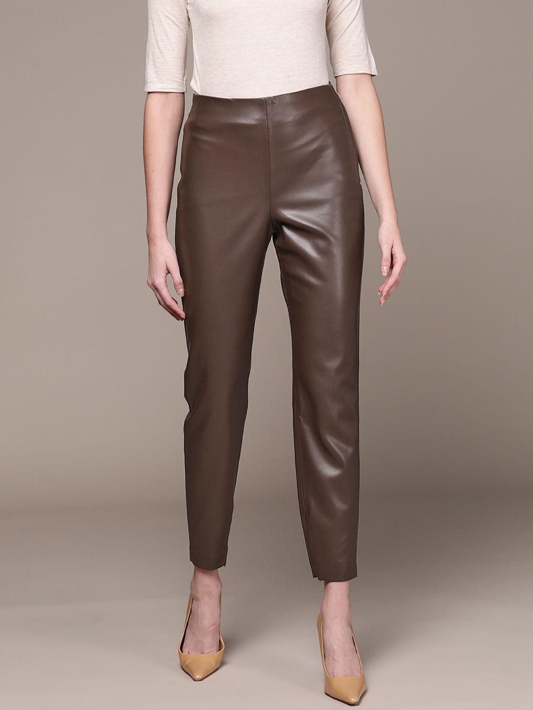 mango women brown solid faux leather leggings