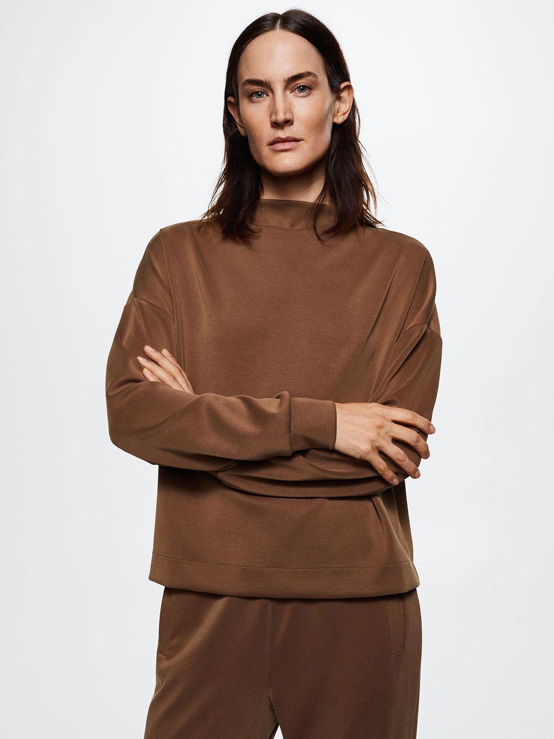 mango women brown solid high collar sustainable sweatshirt