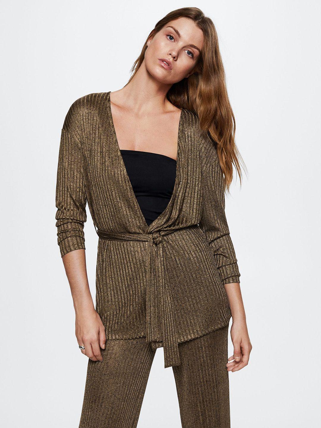 mango women brown solid ribbed front open sustainable cardigan with a belt