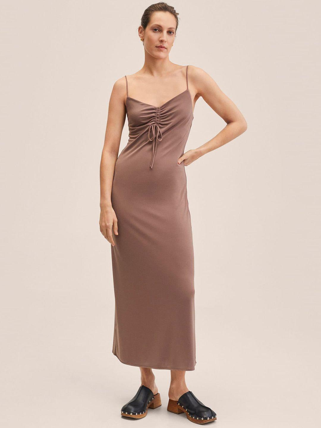 mango women brown solid ruched maxi dress with back slit