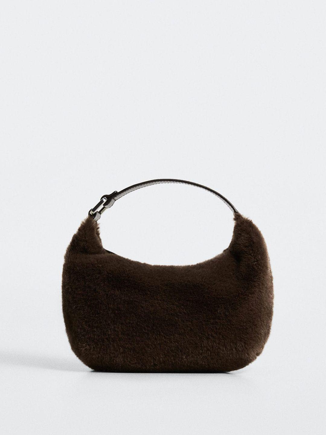 mango women brown solid structured handheld bag with faux fur