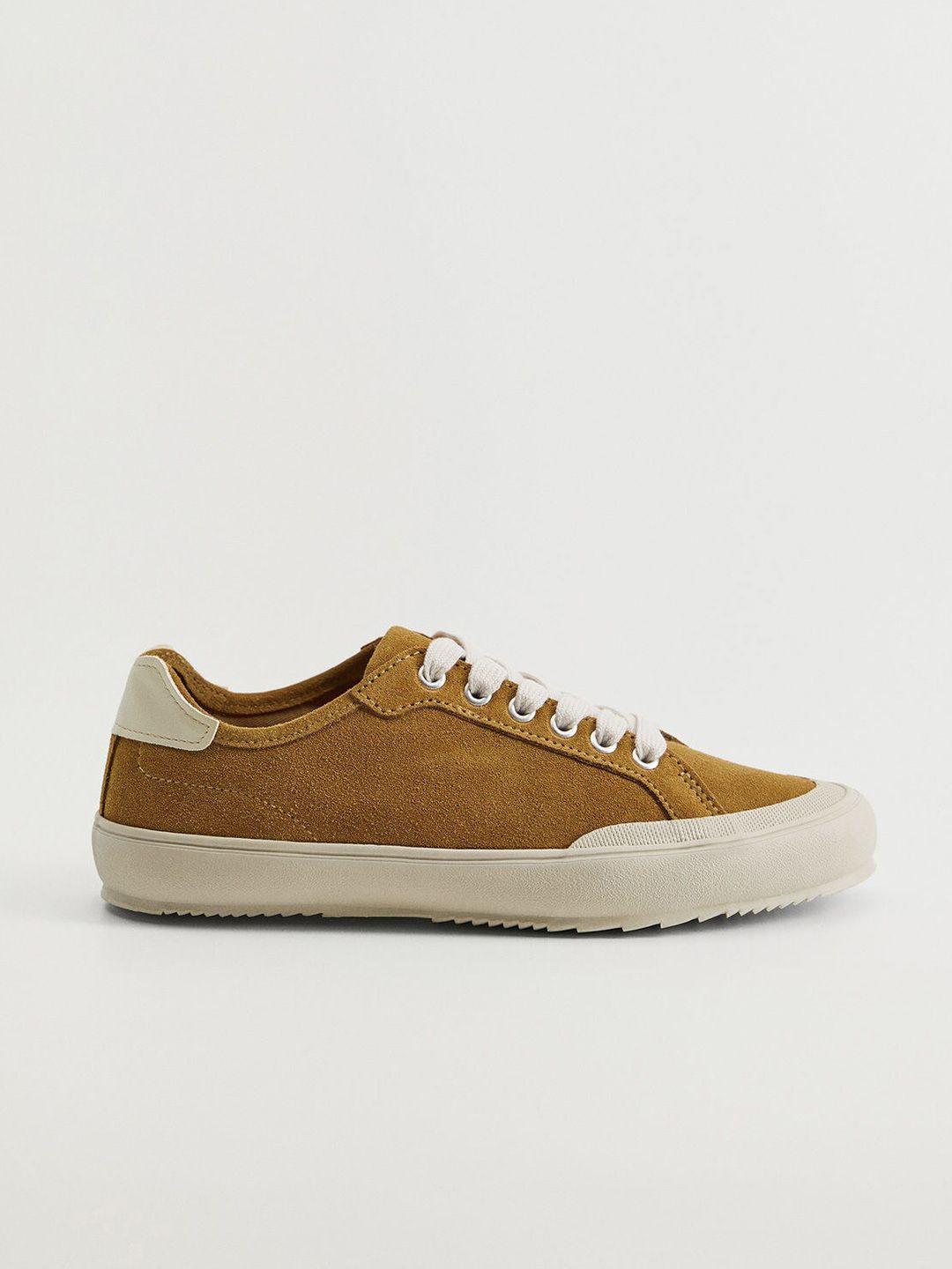 mango women camel brown solid sneakers with suede finish