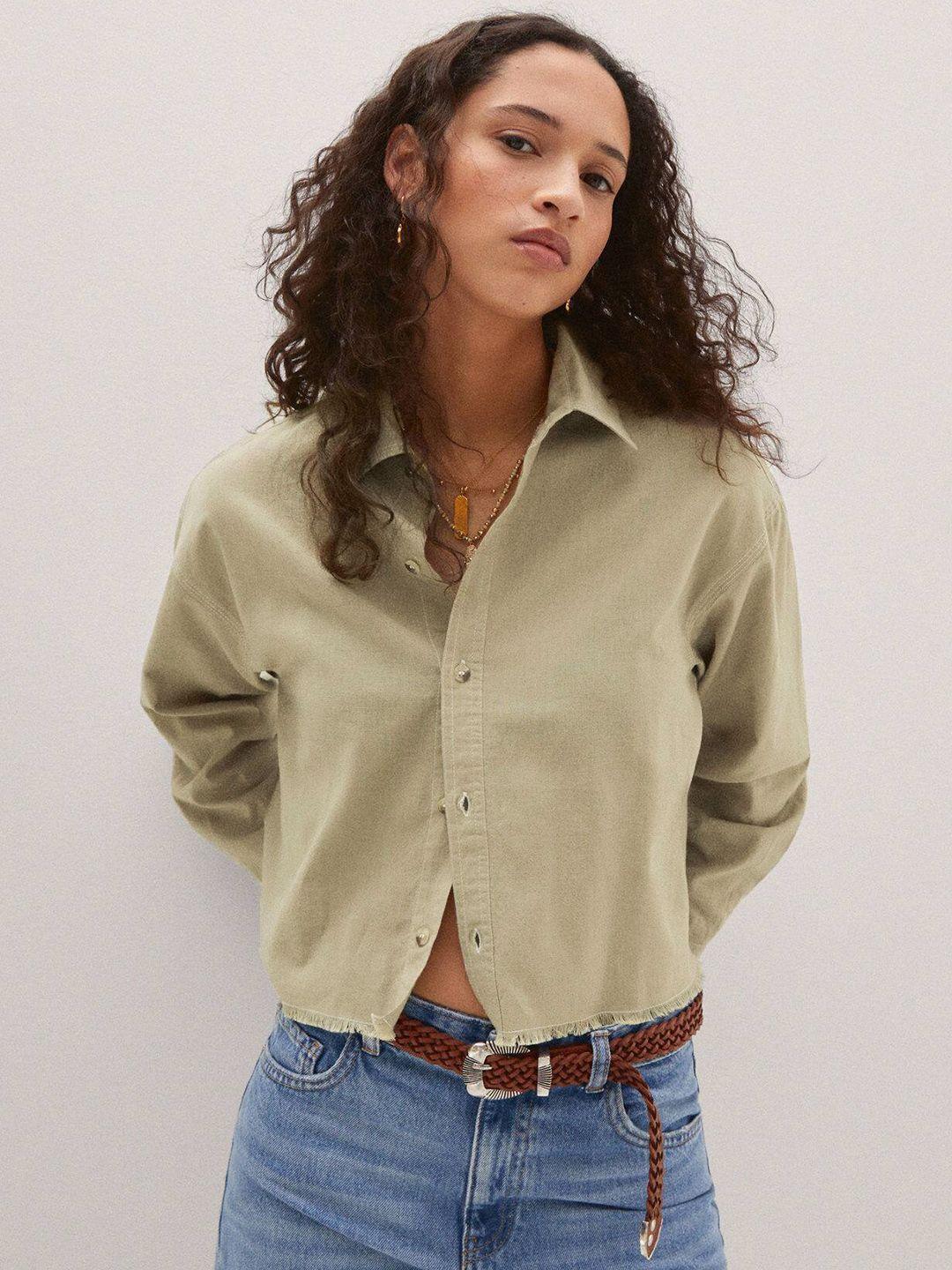 mango women cotton linen cropped casual shirt