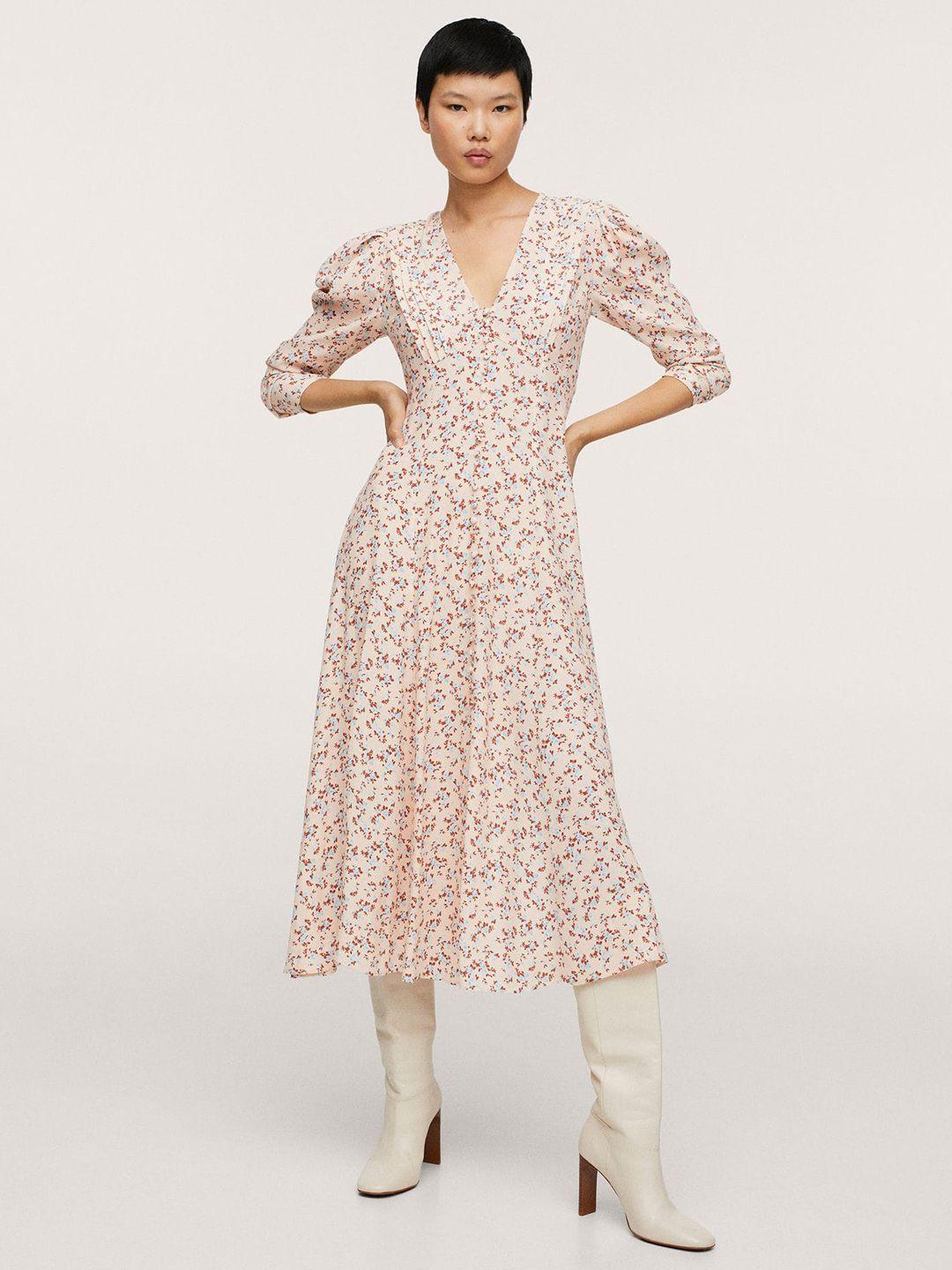 mango women cream-coloured & brown floral a-line midi dress