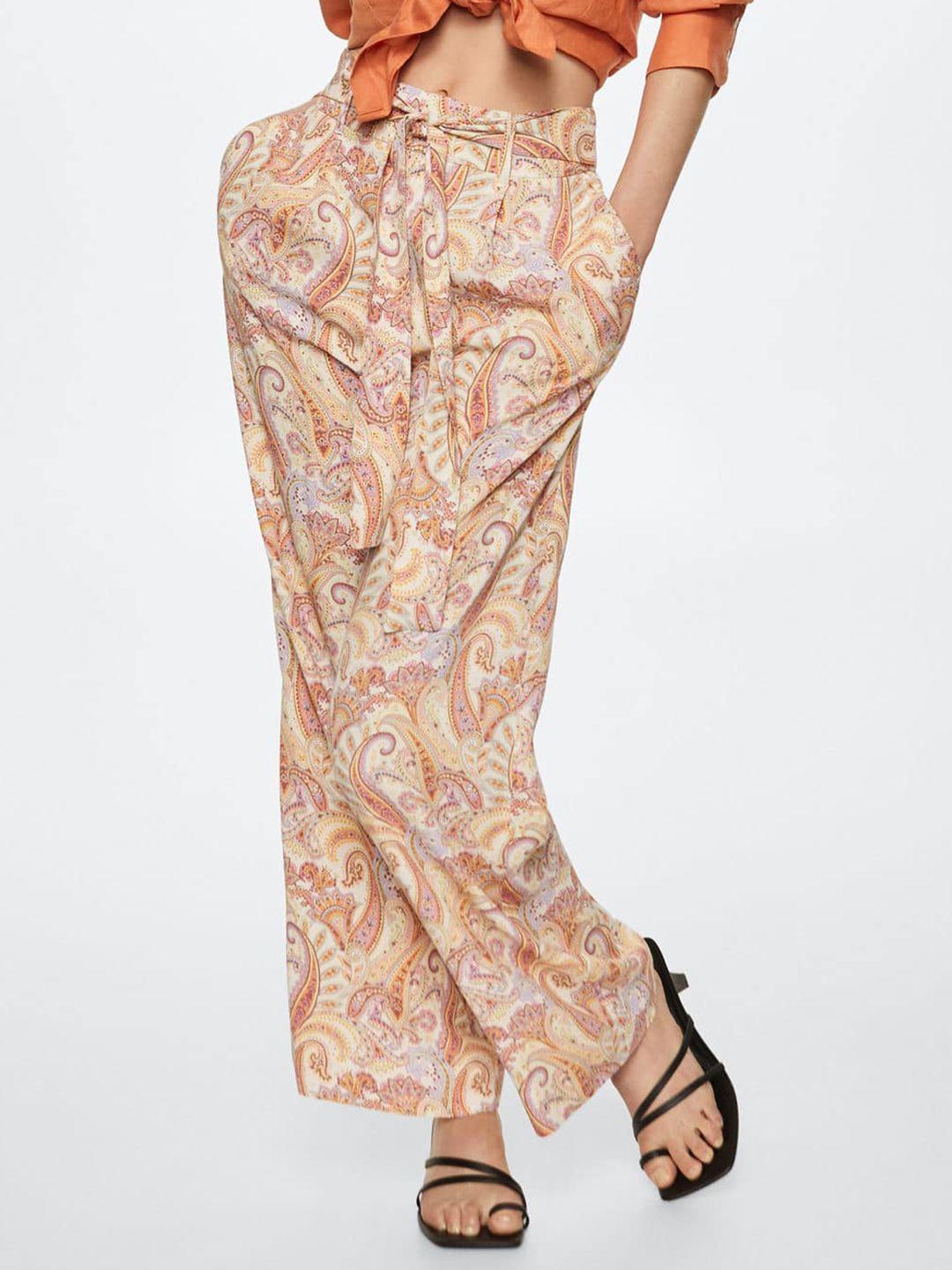 mango women cream-coloured ethnic motifs printed trousers