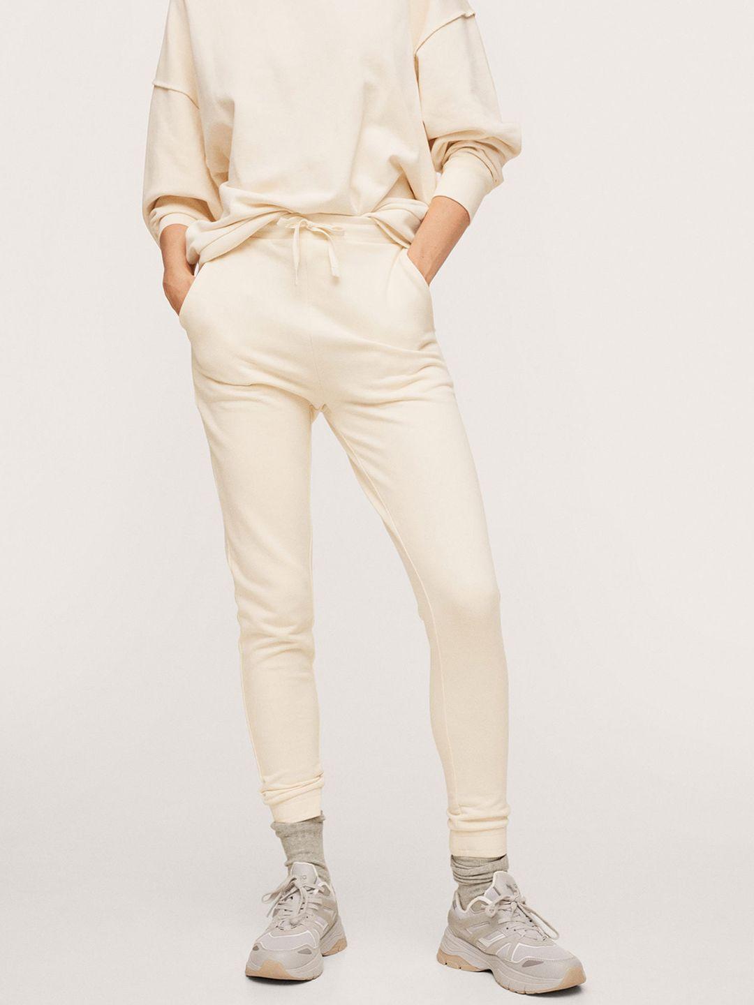 mango women cream-coloured pure cotton solid track pants