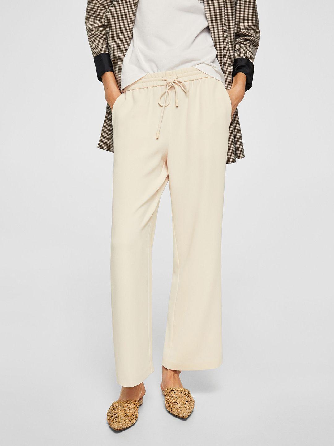 mango women cream-coloured regular fit solid parallel trousers