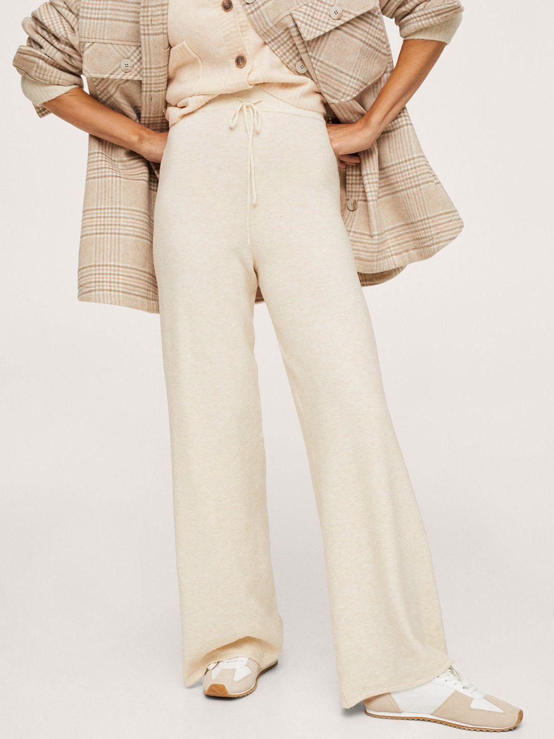 mango women cream-coloured solid high-rise knitted trousers