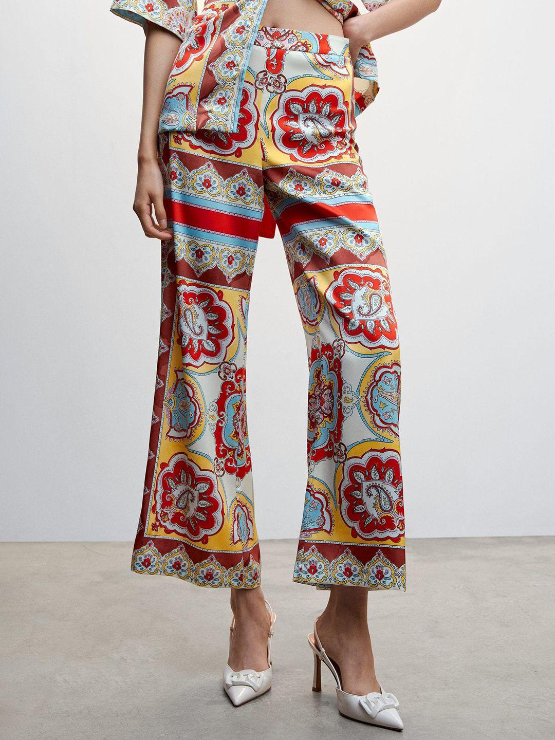 mango women ethnic motifs printed flared cropped trousers