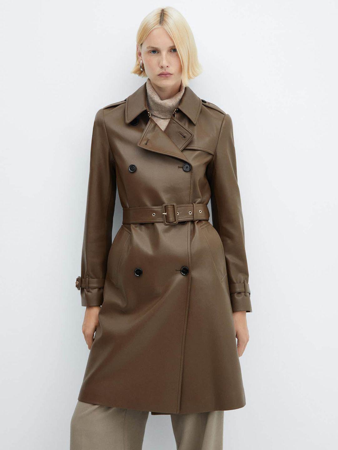mango women faux leather double-breasted longline trench coat with belt