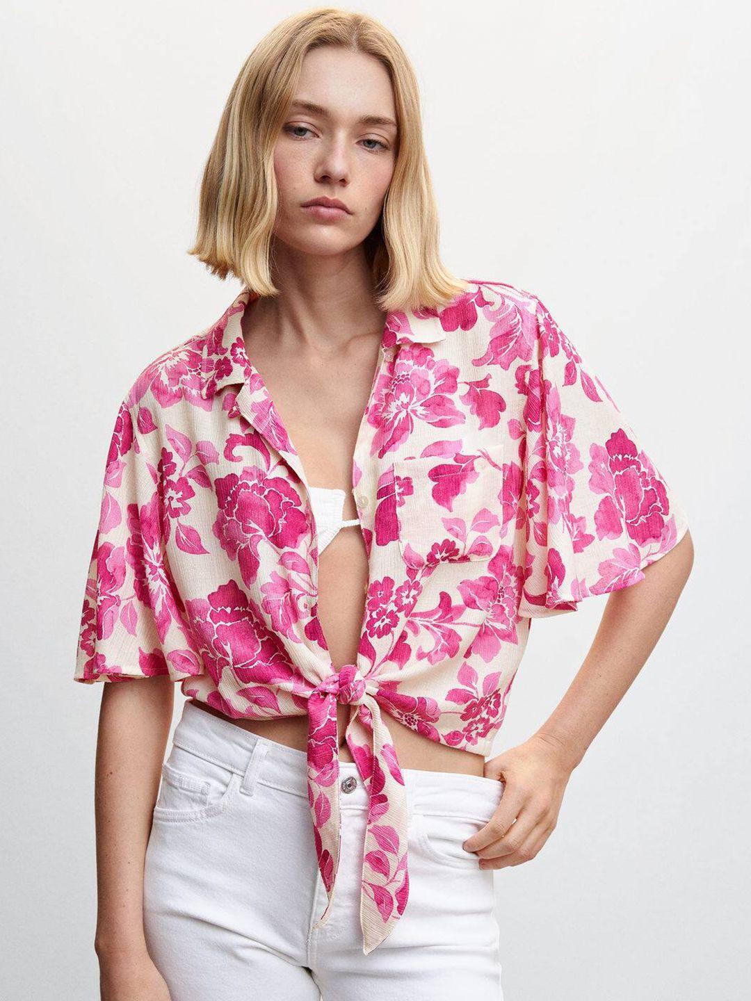 mango women floral print front knot casual shirt