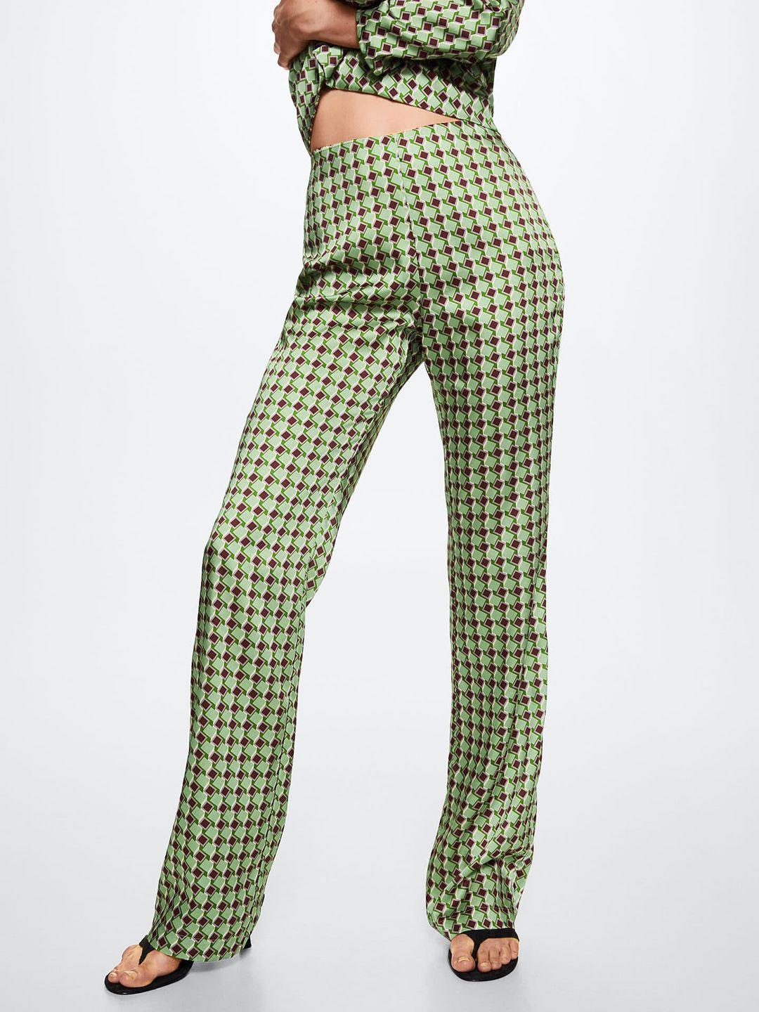 mango women green & burgundy satin printed sustainable trousers