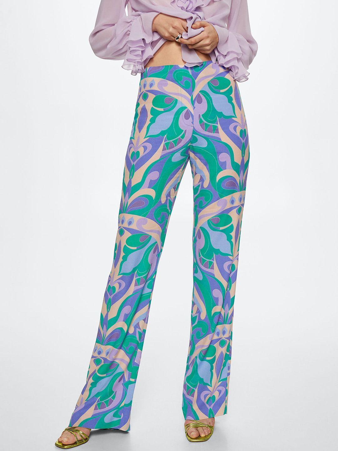 mango women green & lavender floral printed trousers
