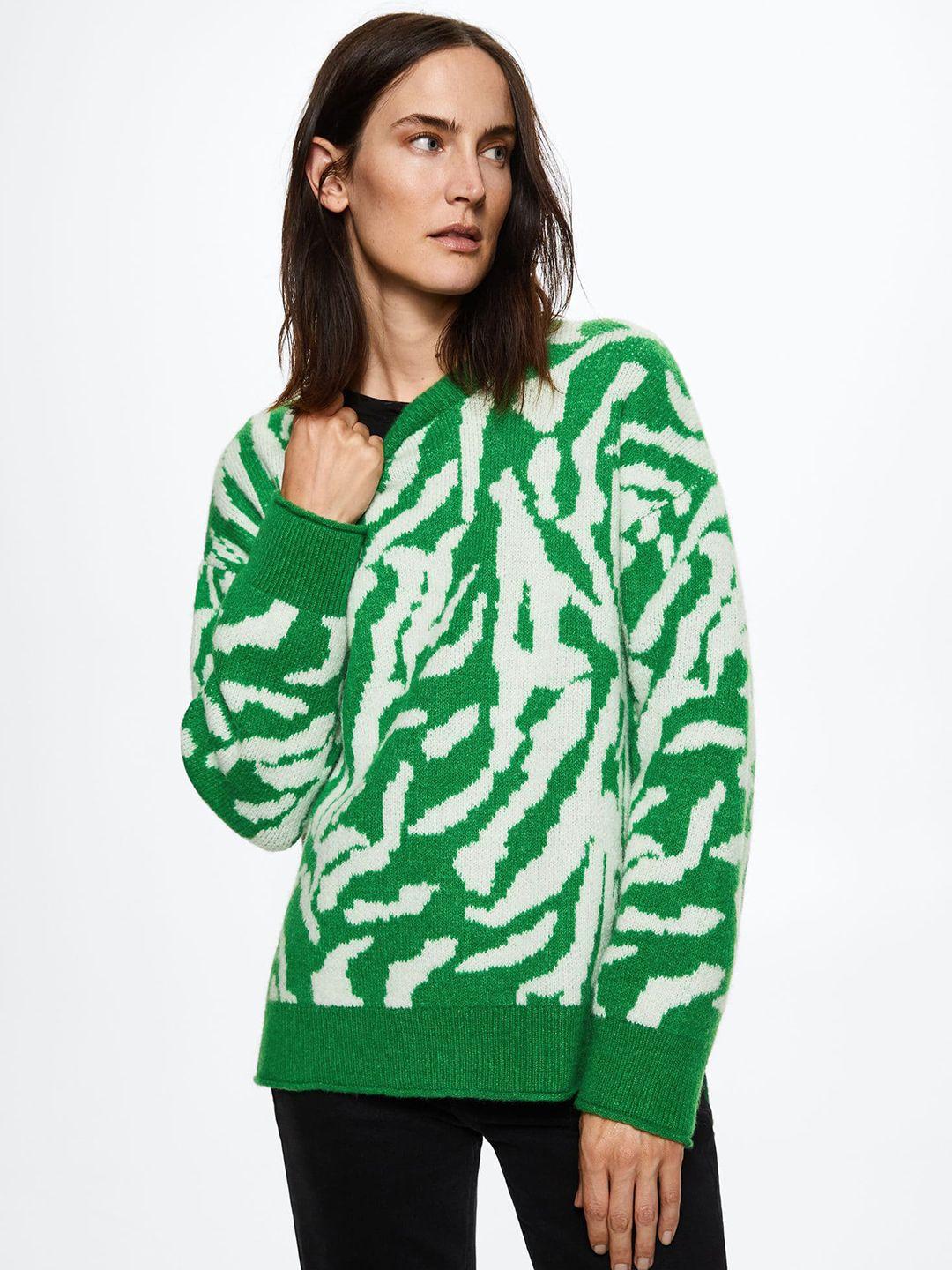 mango women green & white animal printed oversized sustainable pullover