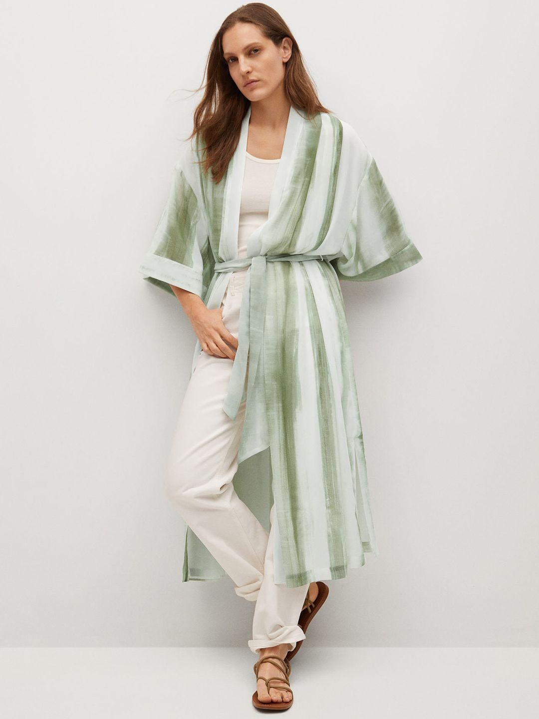 mango women green & white sustainable tie & die longline tie-up shrug