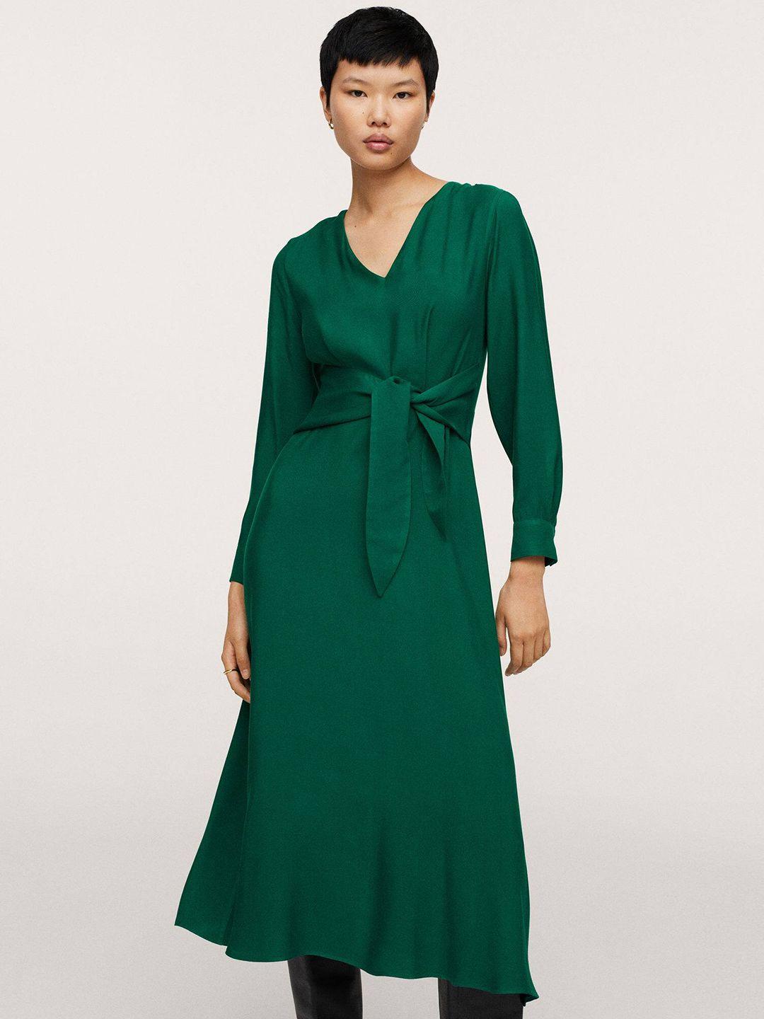 mango women green solid belted a-line midi dress