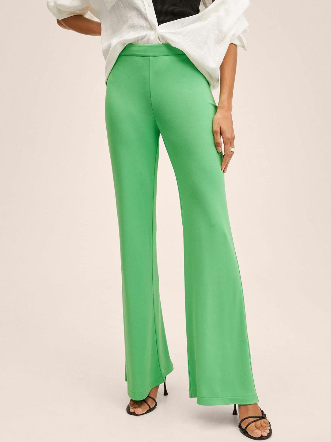 mango women green solid flared trousers