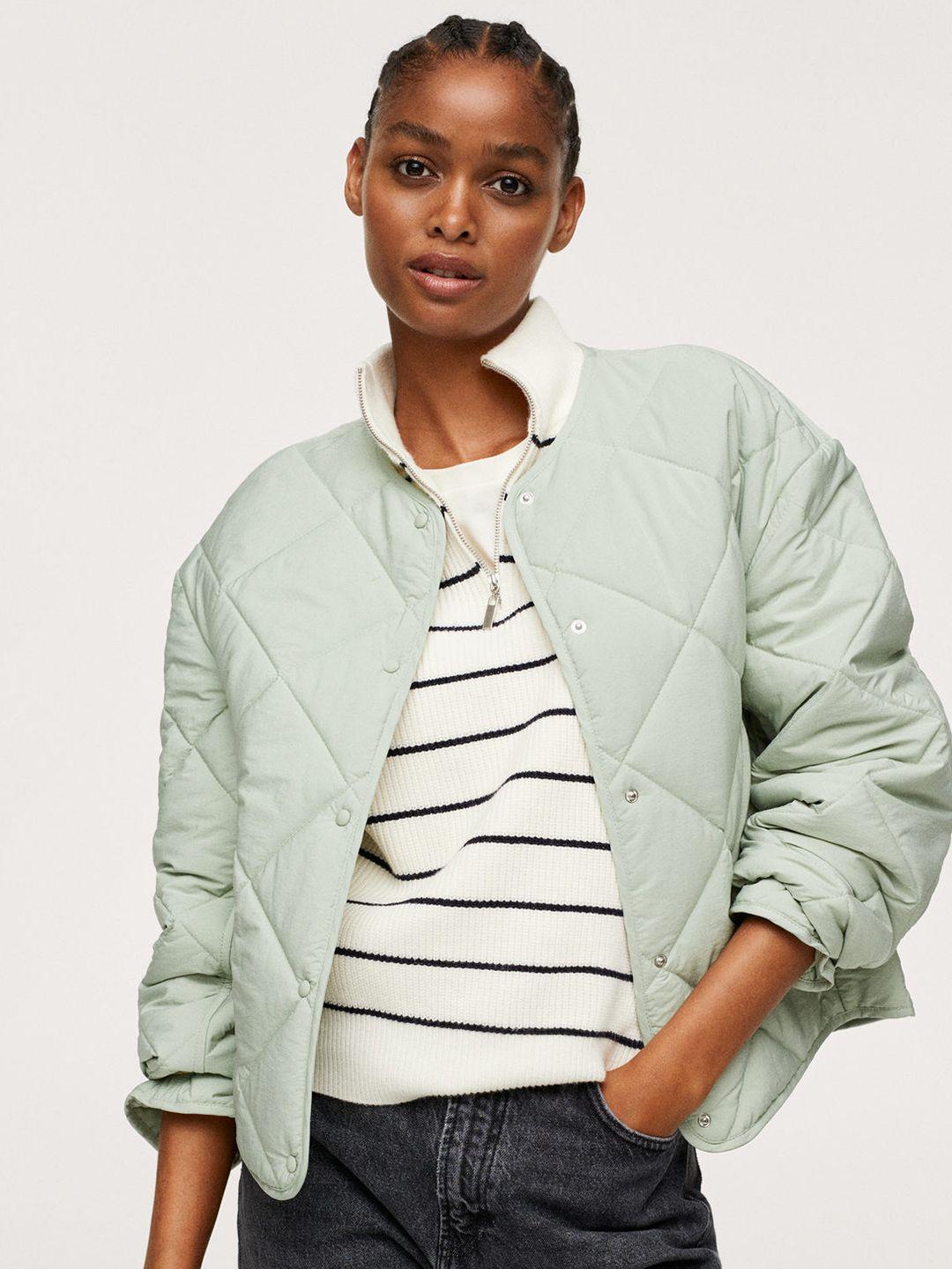 mango women green solid quilted jacket