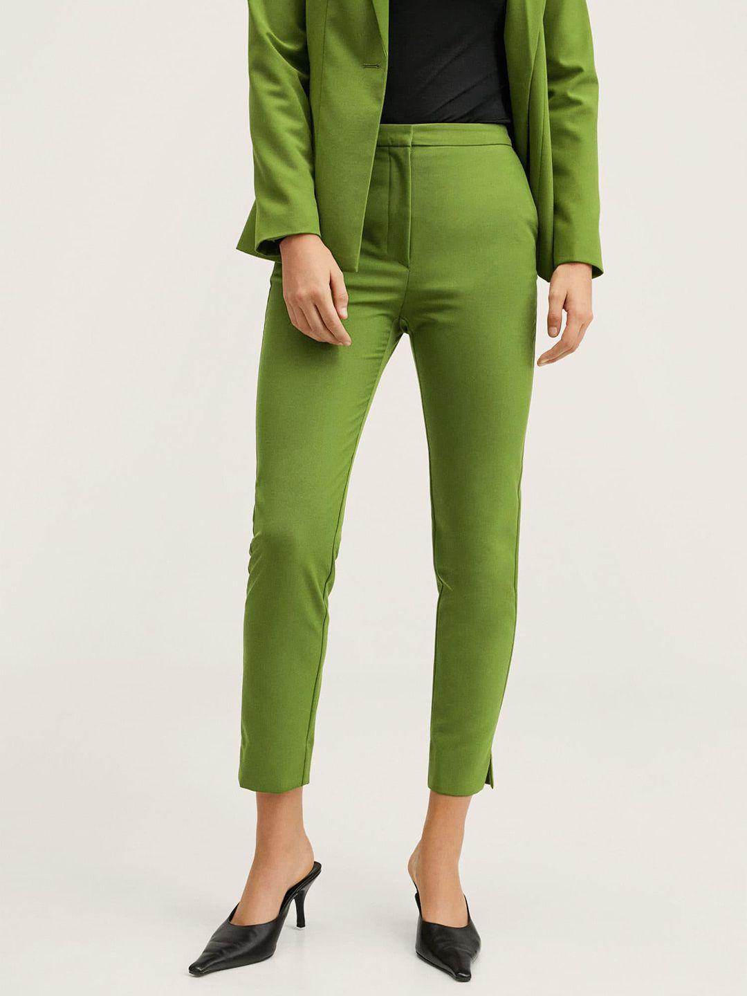 mango women green solid slim fit cropped trousers