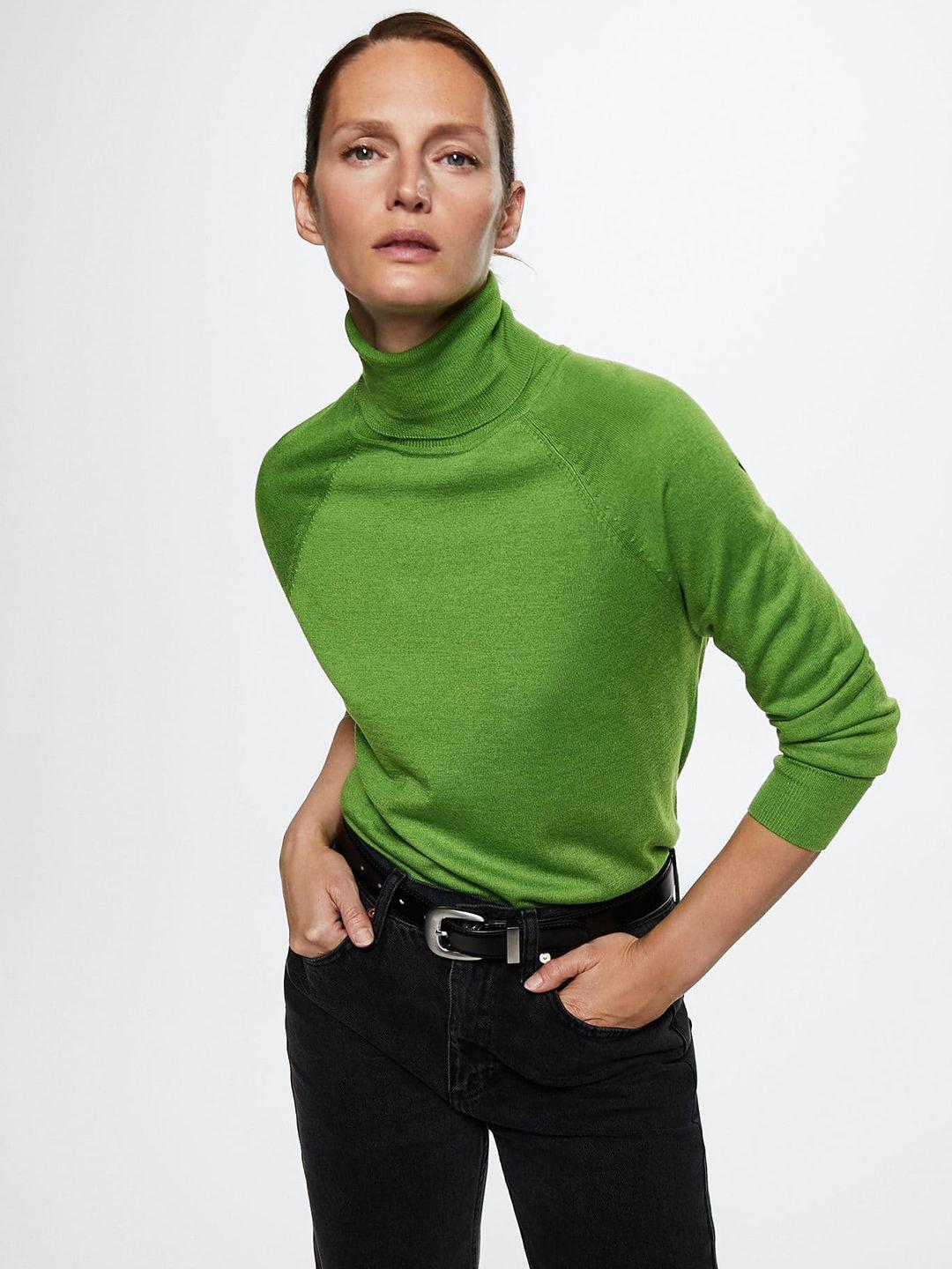 mango women green solid turtle neck sustainable knitted pullover