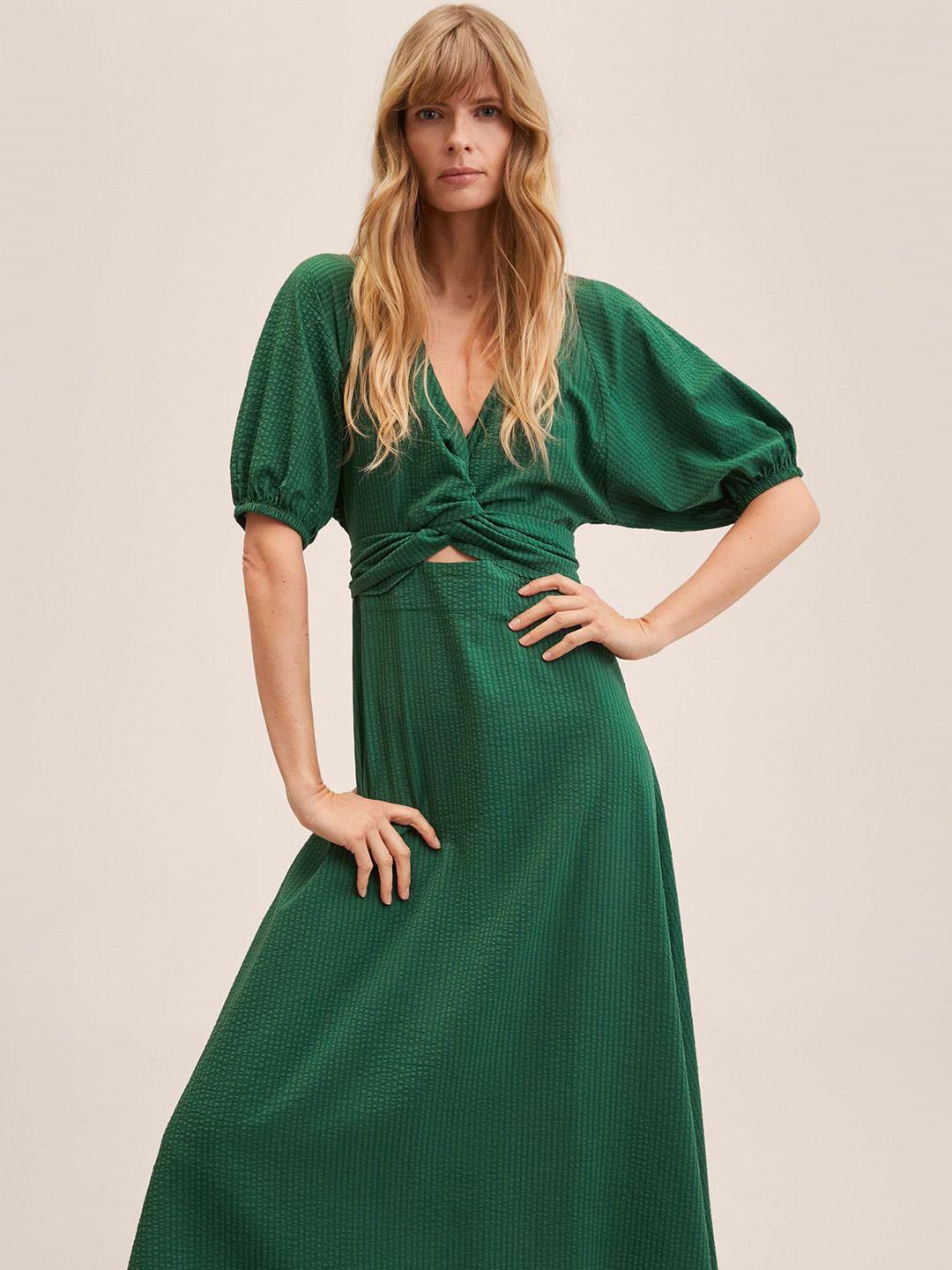 mango women green striped twisted cut out detail puff sleeves a-line midi dress